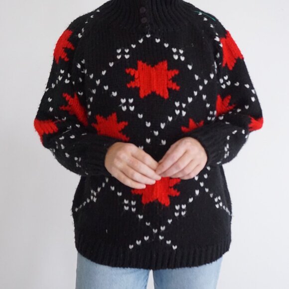 Vintage Busani Knit Sweater Black Red Maple Leaf Cabincore Retro Ski L - Picture 2 of 11